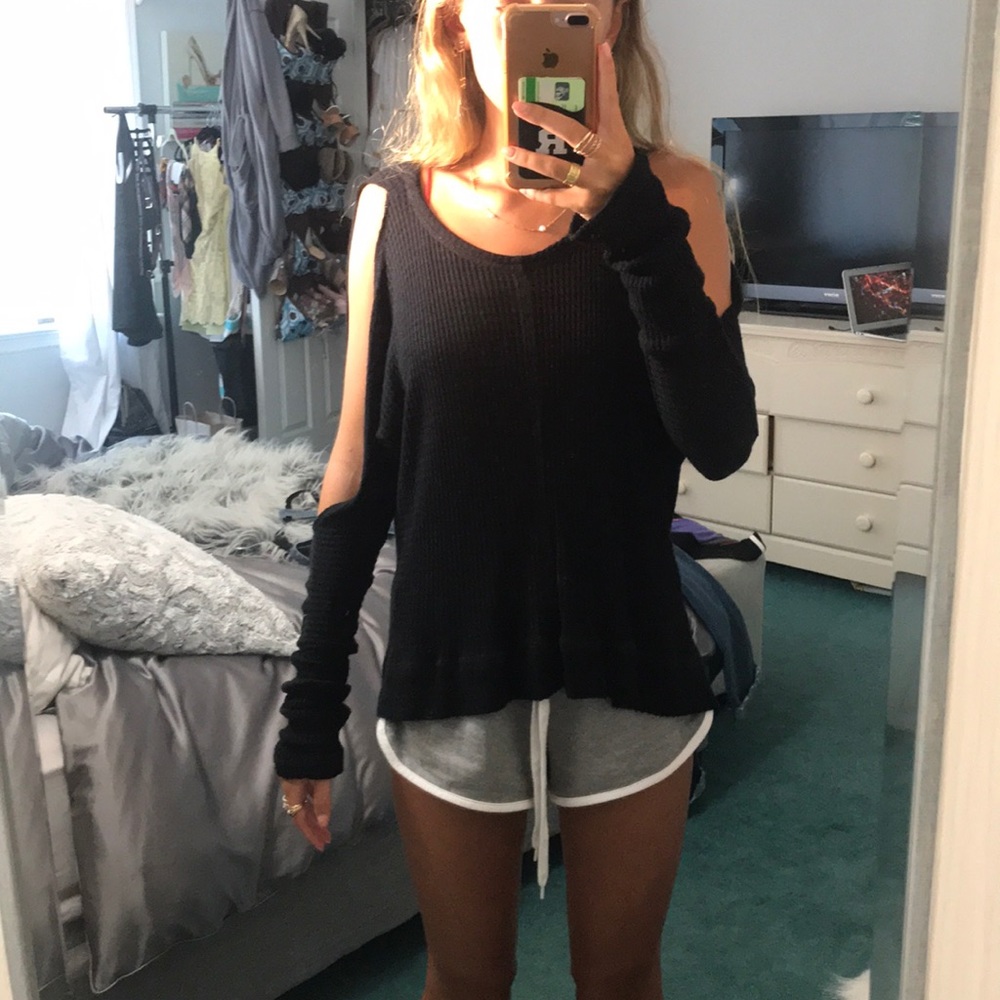 Jolie Black cold shoulder long sleeve waffle top